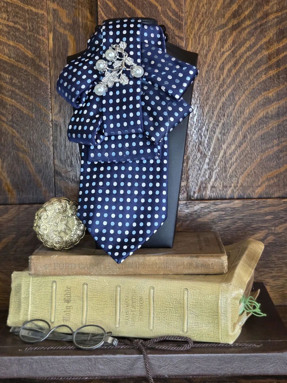 Navy Polka Dot Necktie with Pearl Brooch